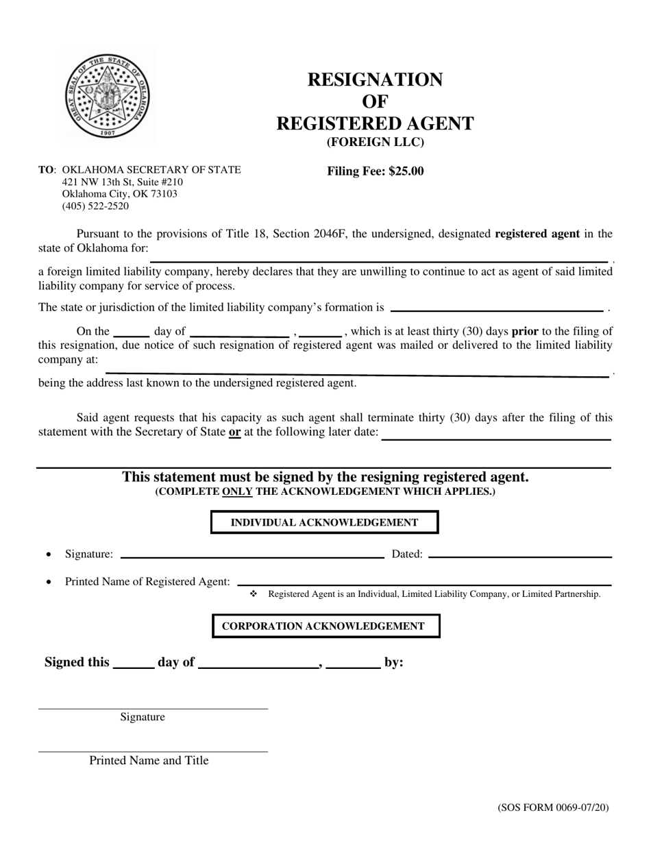 SOS Form 0069 Resignation of Registered Agent (Foreign LLC) - Oklahoma, Page 1