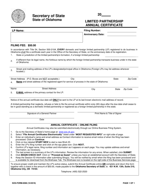 SOS Form 0098 Limited Partnership Annual Certificate - Oklahoma