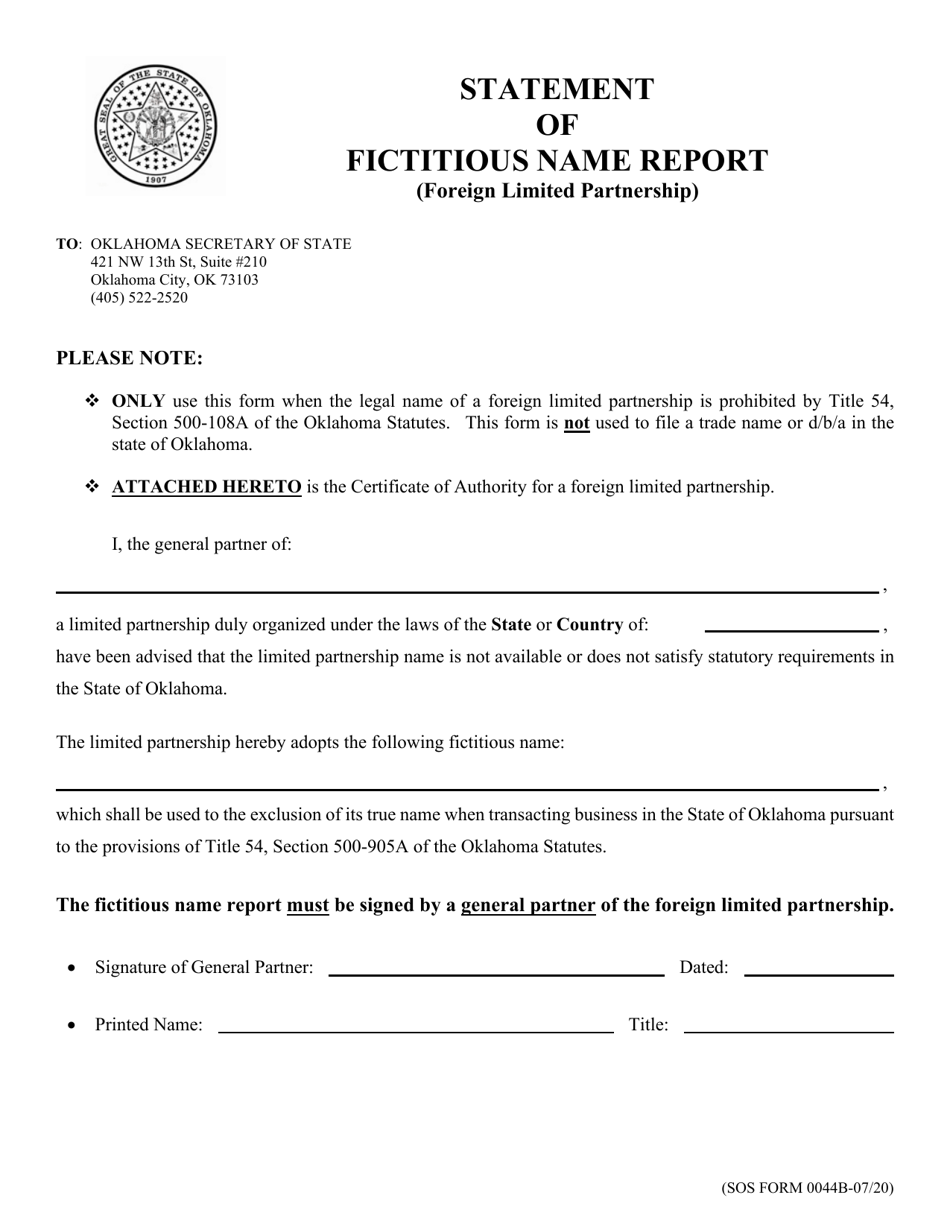 SOS Form 0044B Statement of Fictitious Name Report (Foreign Limited Partnership) - Oklahoma, Page 1