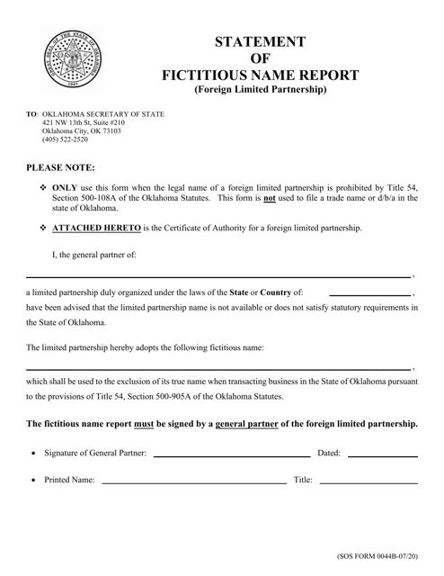 SOS Form 0044B Statement of Fictitious Name Report (Foreign Limited Partnership) - Oklahoma