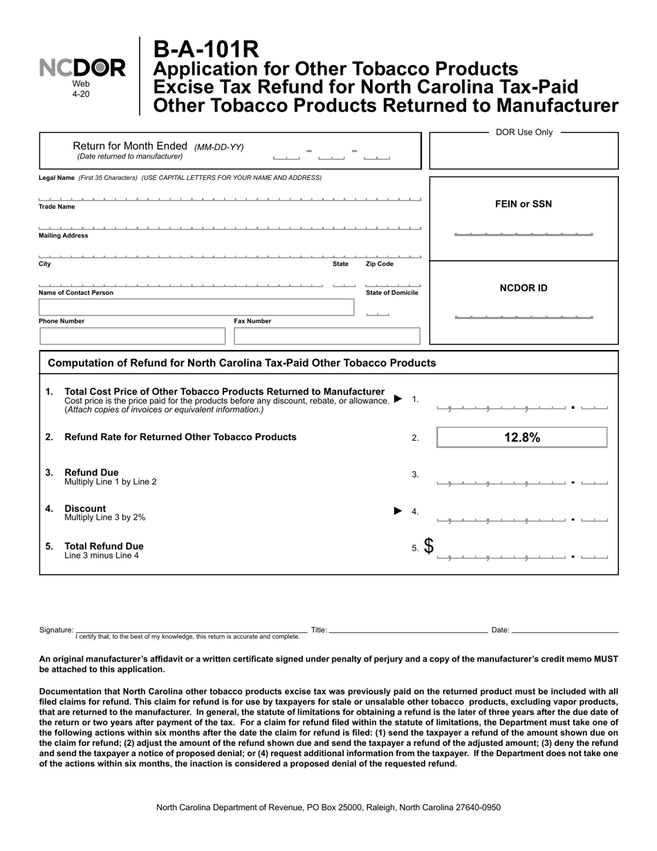 Form B-A-101R Application for Other Tobacco Products Excise Tax Refund for North Carolina Tax-Paid Other Tobacco Products Returned to Manufacturer - North Carolina, Page 2