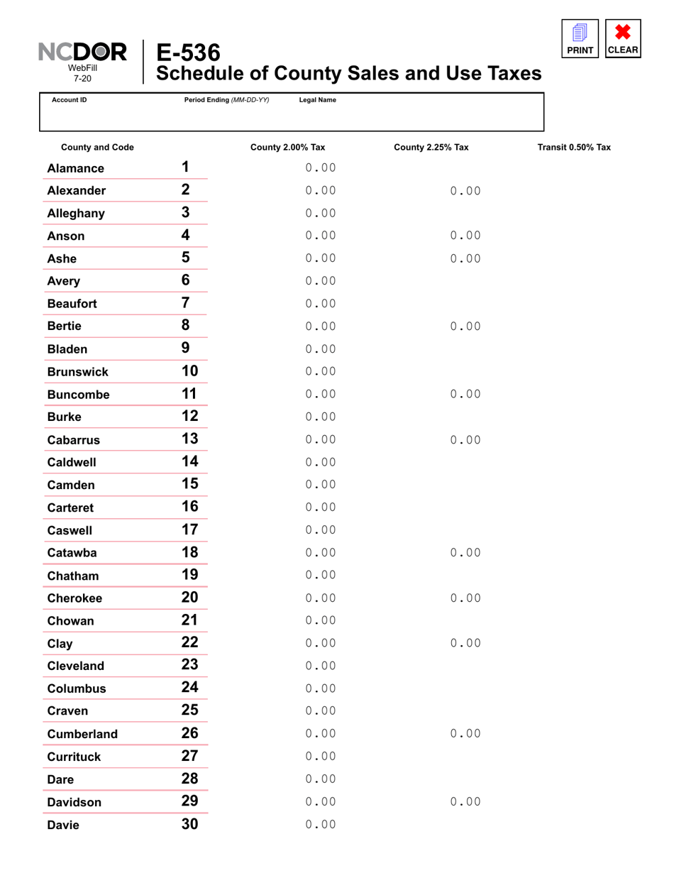 Form E-536 Schedule of County Sales and Use Taxes - North Carolina, Page 2