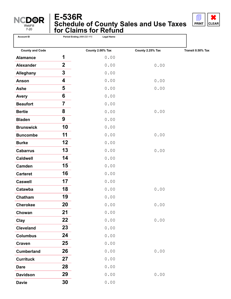 Form E-536R Schedule of County Sales and Use Taxes for Claims for Refund - North Carolina, Page 2