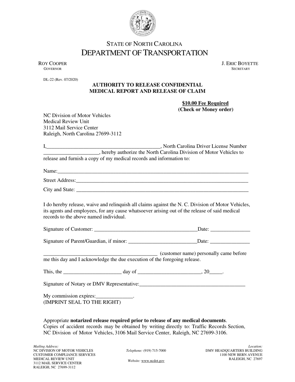 Form DL-22 Authority to Release Confidential Medical Report and Release of Claim - North Carolina, Page 1