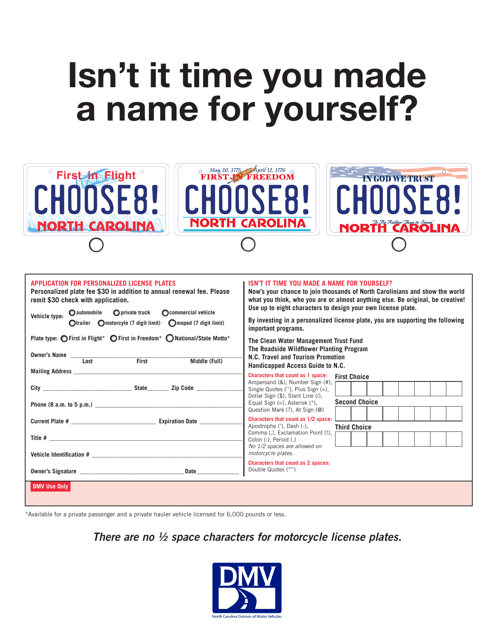 "Application for Personalized License Plates (Choose8)" - North Carolina Download Pdf