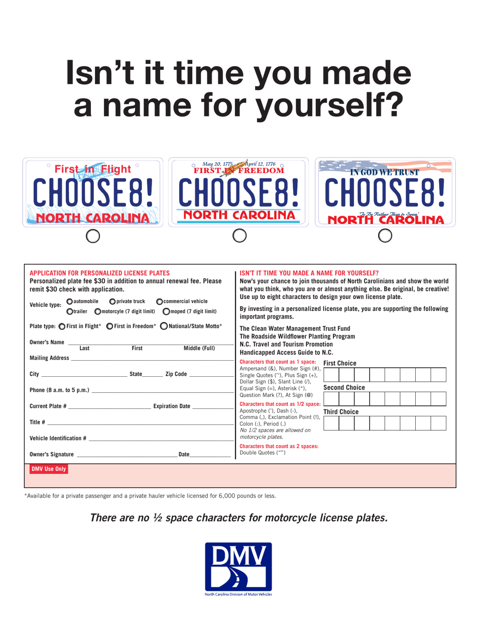 Application for Personalized License Plates (Choose8) - North Carolina, Page 1