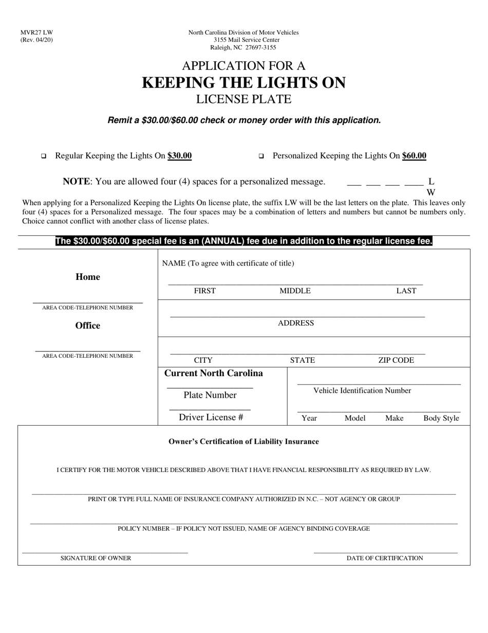 Form MVR-27LW Application for a Keeping the Lights on License Plate - North Carolina, Page 1
