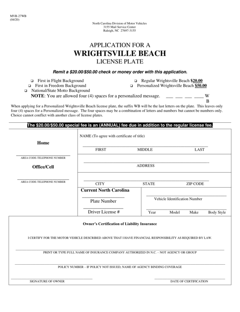Form MVR-27WB Application for a Wrightsville Beach License Plate - North Carolina