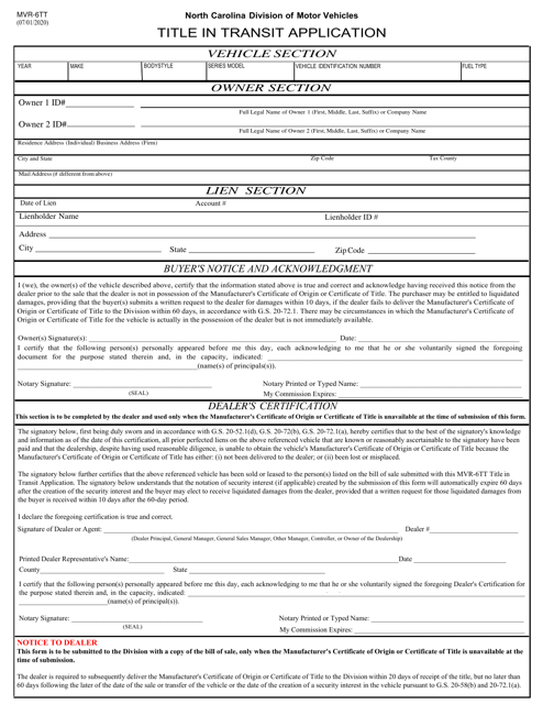 Form MVR-6TT Title in Transit Application - North Carolina