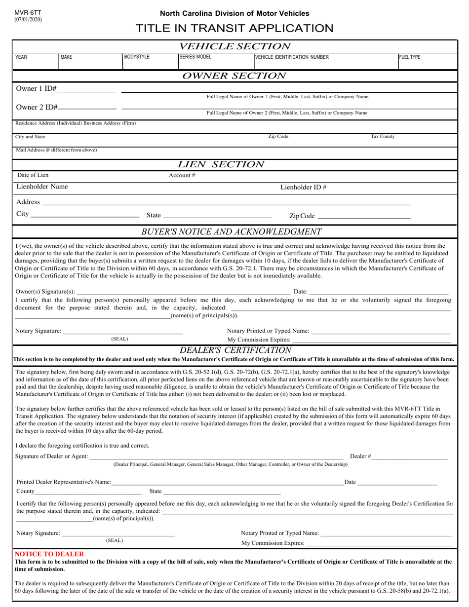 Form MVR-6TT Title in Transit Application - North Carolina, Page 1