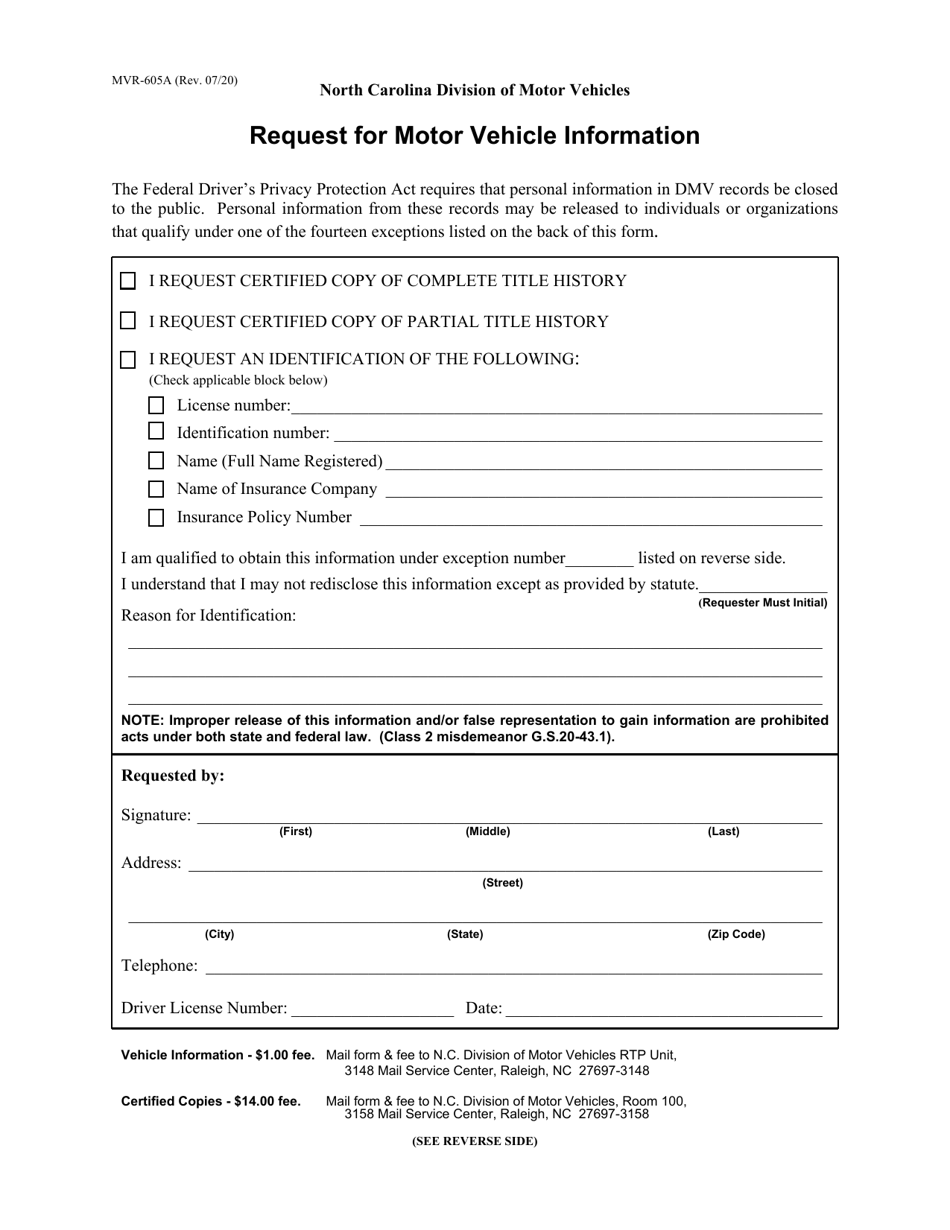 Form MVR-605A Request for Motor Vehicle Information - North Carolina, Page 1