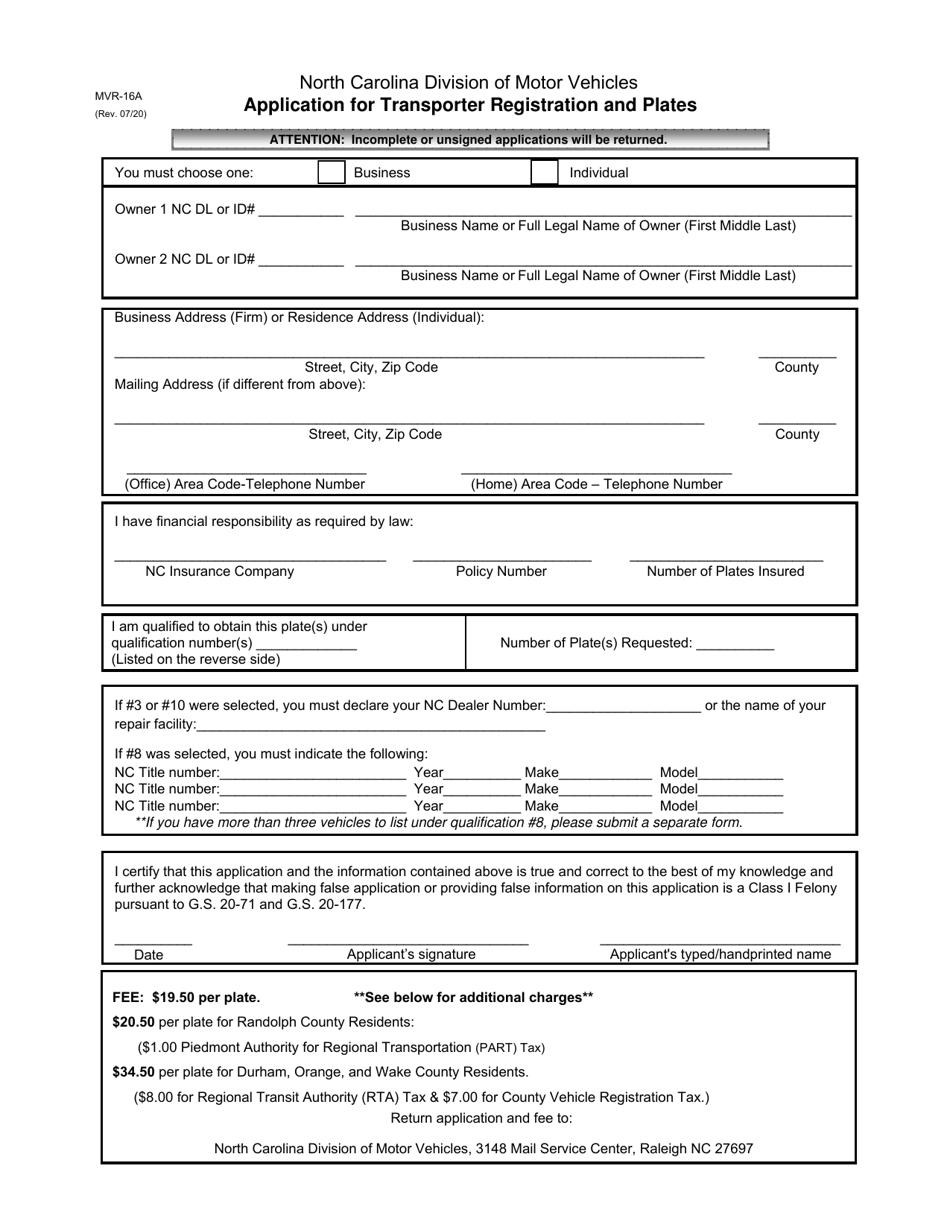 Form MVR-16A Application for Transporter Registration and Plates - North Carolina, Page 1