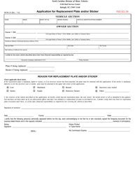 Form MVR-18 &quot;Application for Replacement Plate and/or Sticker&quot; - North Carolina