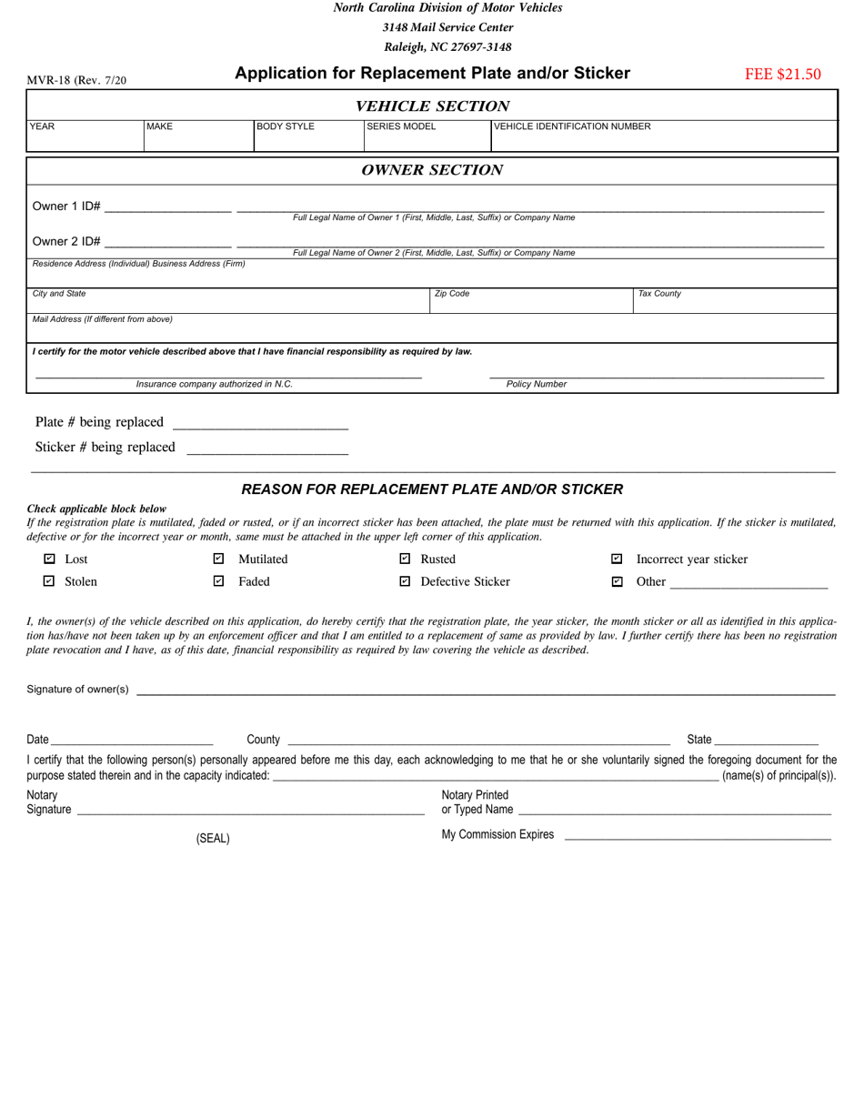 Form MVR-18 Application for Replacement Plate and / or Sticker - North Carolina, Page 1