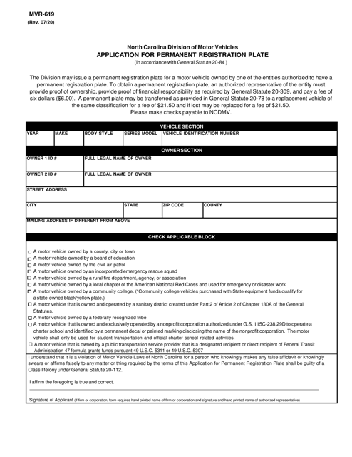 Form MVR-619 Application for Permanent Registration Plate - North Carolina