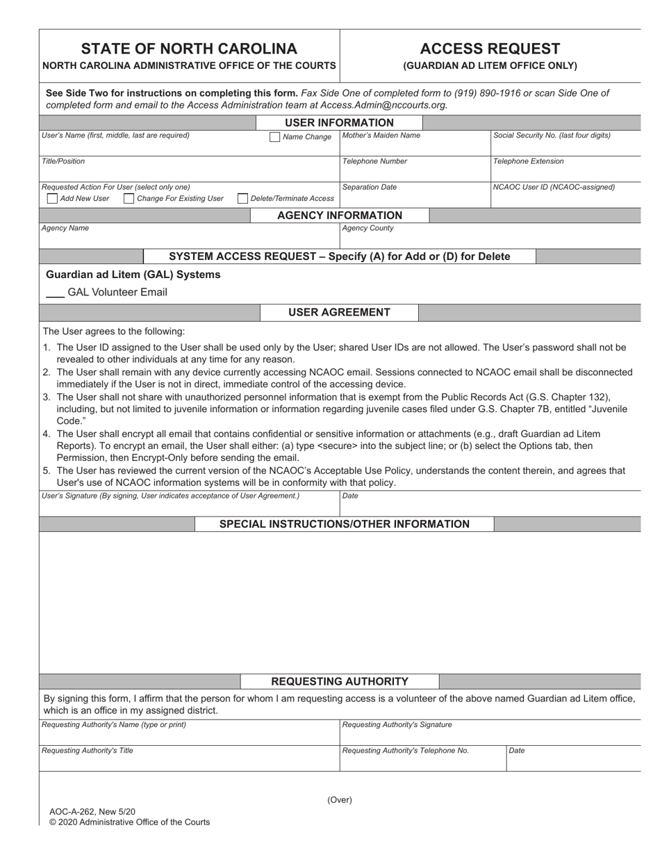 Form AOC-A-262 Access Request (Guardian Ad Litem Office Only) - North Carolina, Page 1