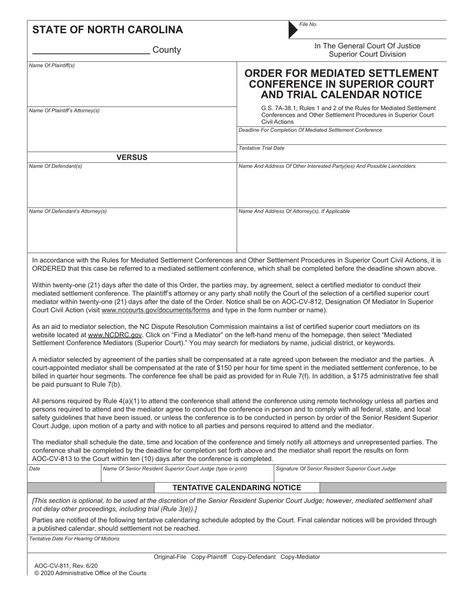 Form AOC-CV-811 Order for Mediated Settlement Conference in Superior Court and Trial Calendar Notice - North Carolina, Page 1