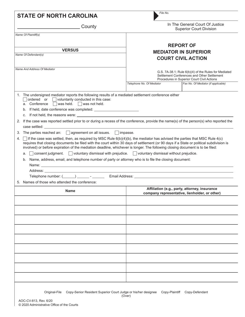 Form AOC-CV-813 Report of Mediator in Superior Court Civil Action - North Carolina, Page 1