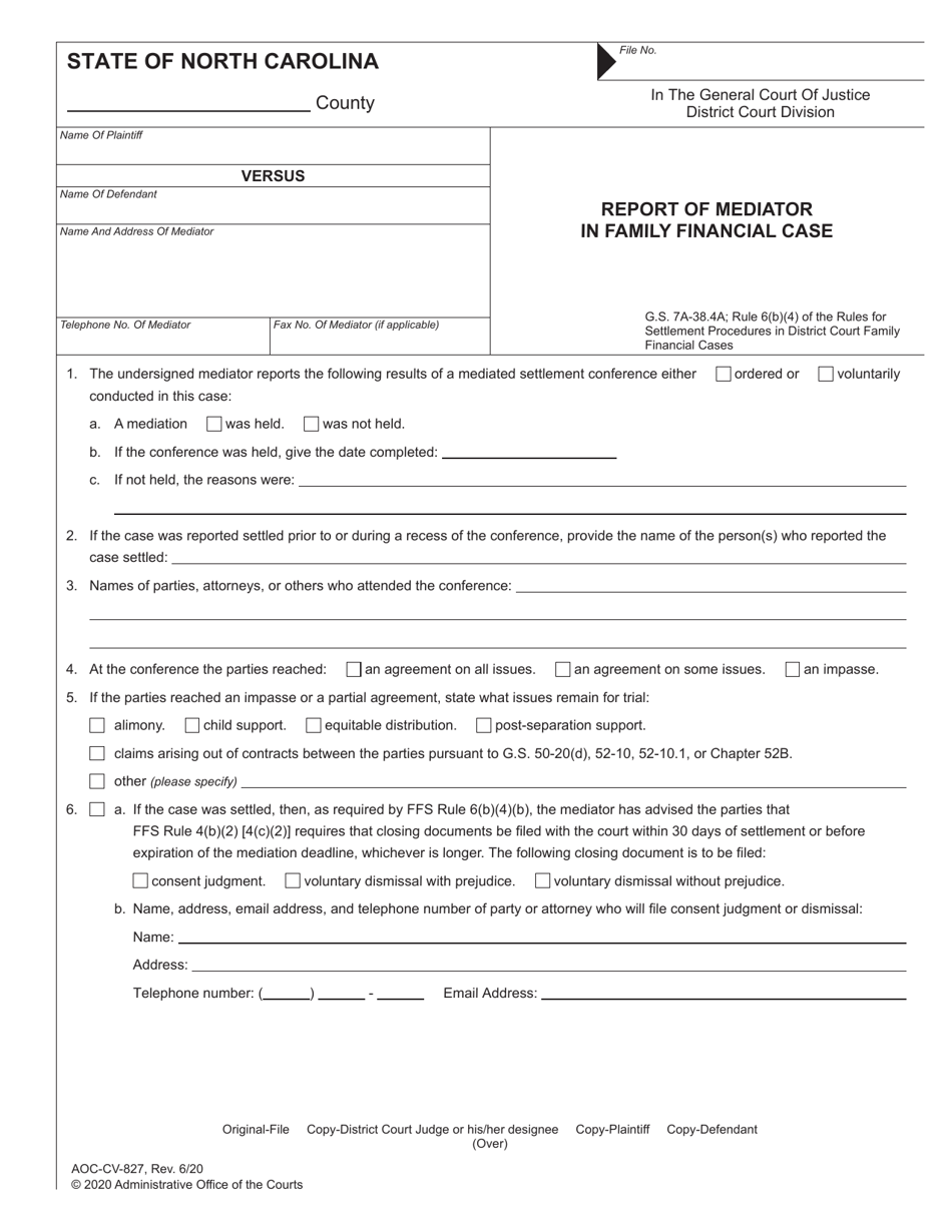 Form AOC-CV-827 Report of Mediator in Family Financial Case - North Carolina, Page 1