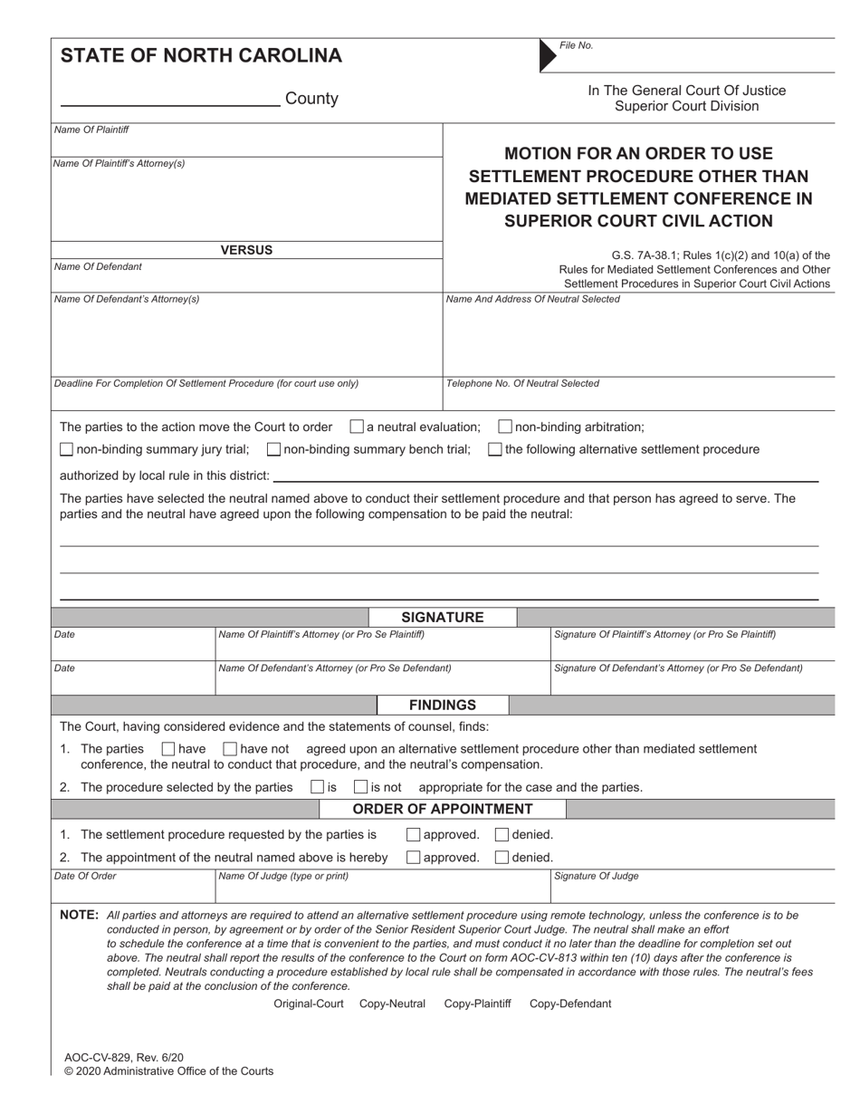 Form AOC-CV-829 Motion for an Order to Use Settlement Procedure Other Than Mediated Settlement Conference in Superior Court Civil Action - North Carolina, Page 1