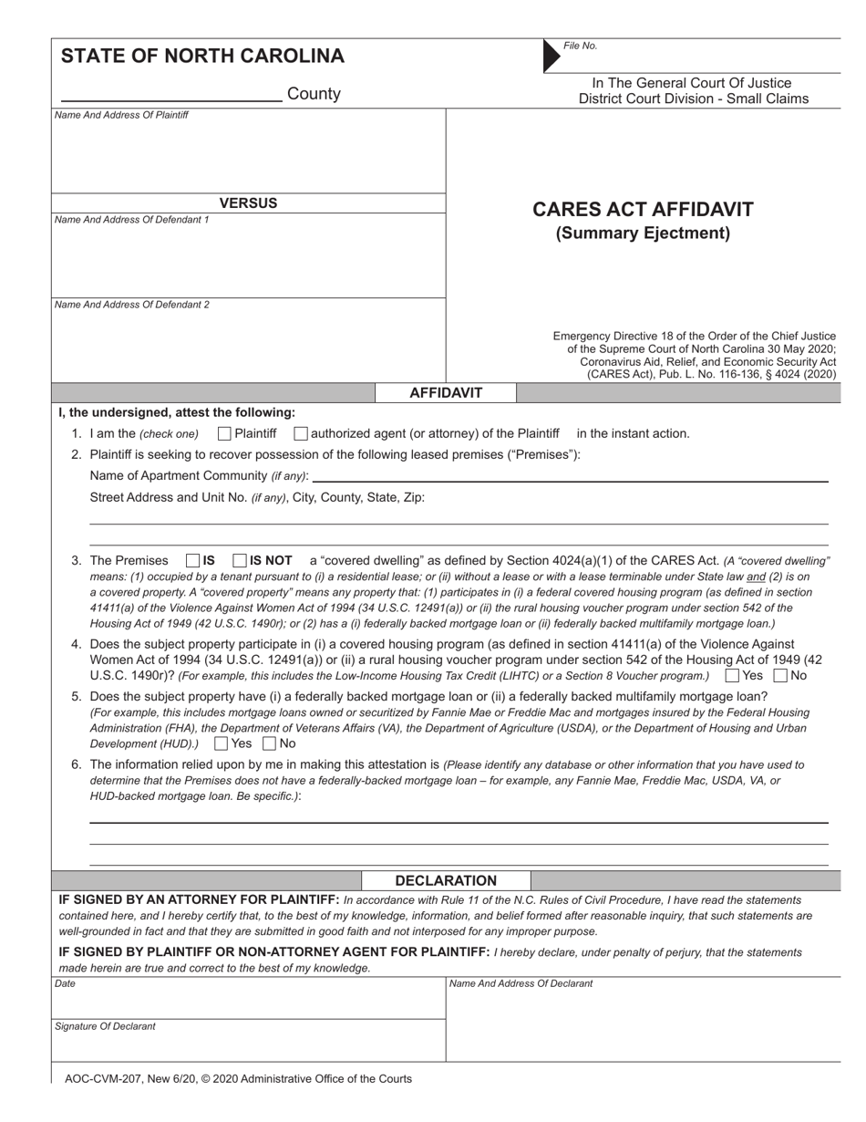 Form AOC-CVM-207 CARES Act Affidavit (Summary Ejectment) - North Carolina, Page 1