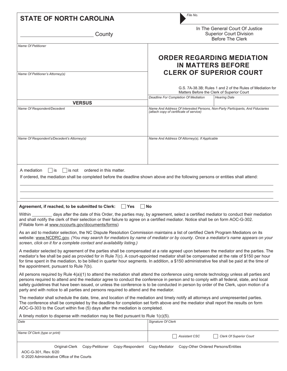 Form AOC-G-301 Order Regarding Mediation in Matters Before Clerk of Superior Court - North Carolina, Page 1