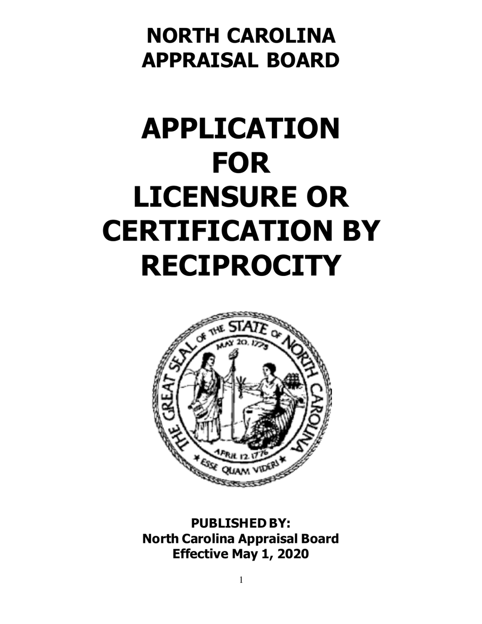 Application for Licensure or Certification by Reciprocity - North Carolina, Page 1