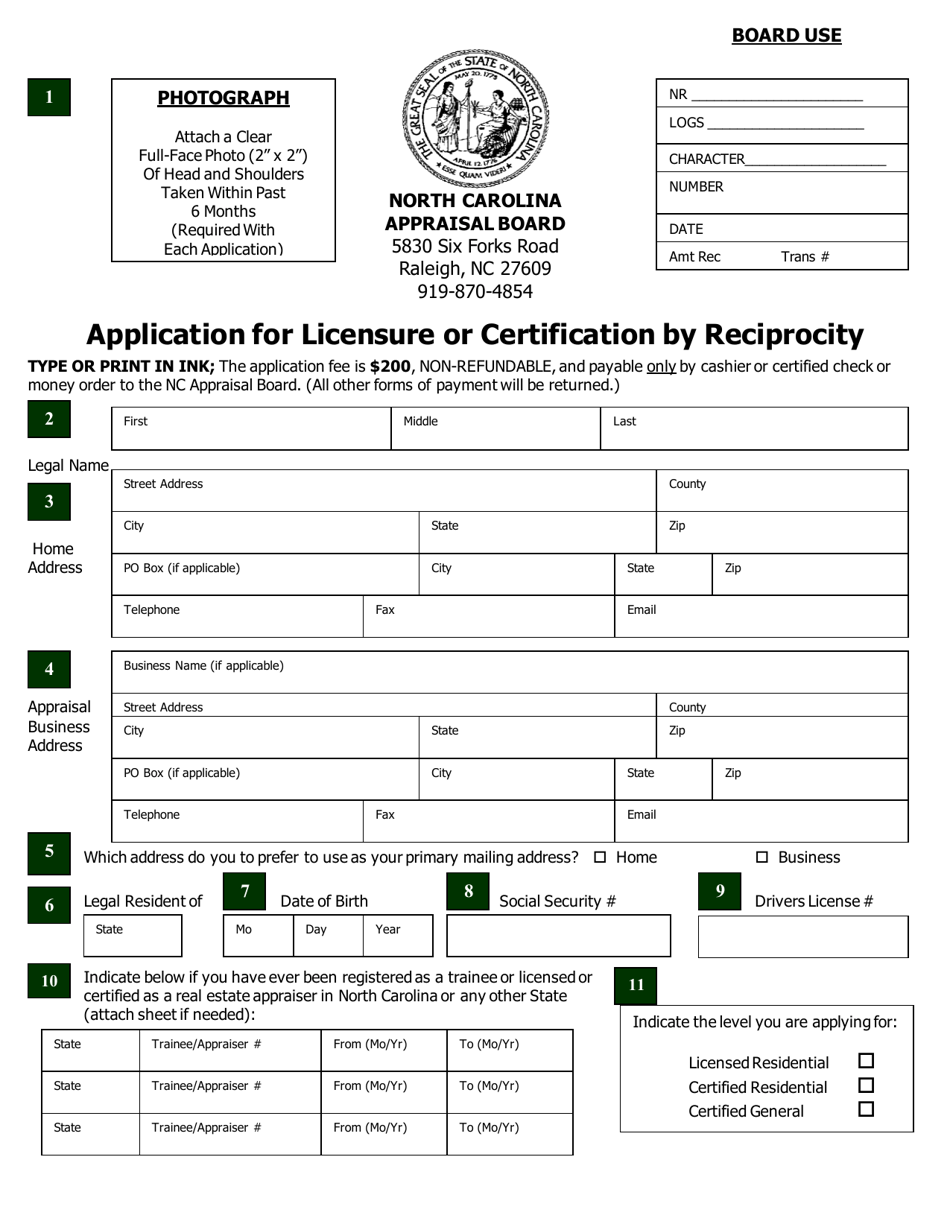 North Carolina Application for Licensure or Certification by