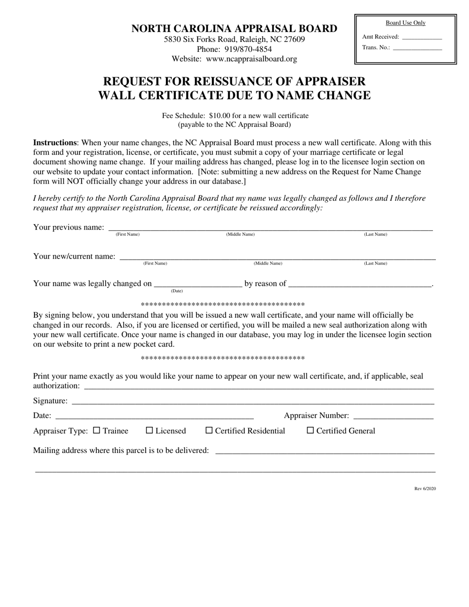 Request for Reissuance of Appraiser Wall Certificate Due to Name Change - North Carolina, Page 1
