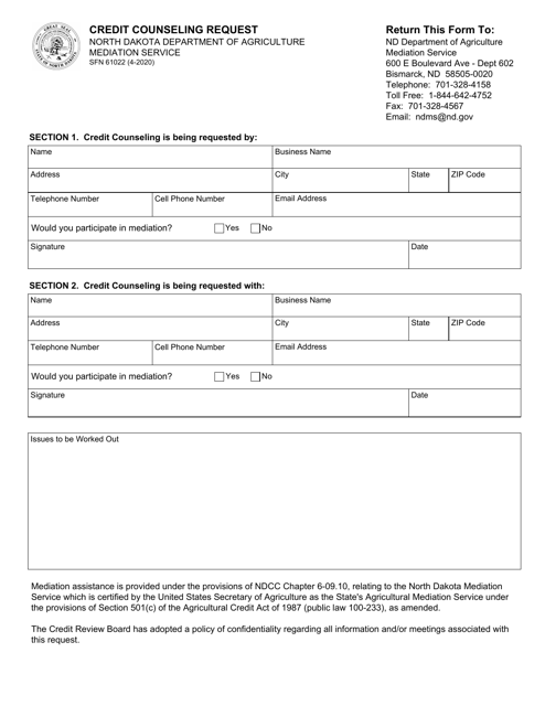Form SFN61022 Credit Counseling Request - North Dakota