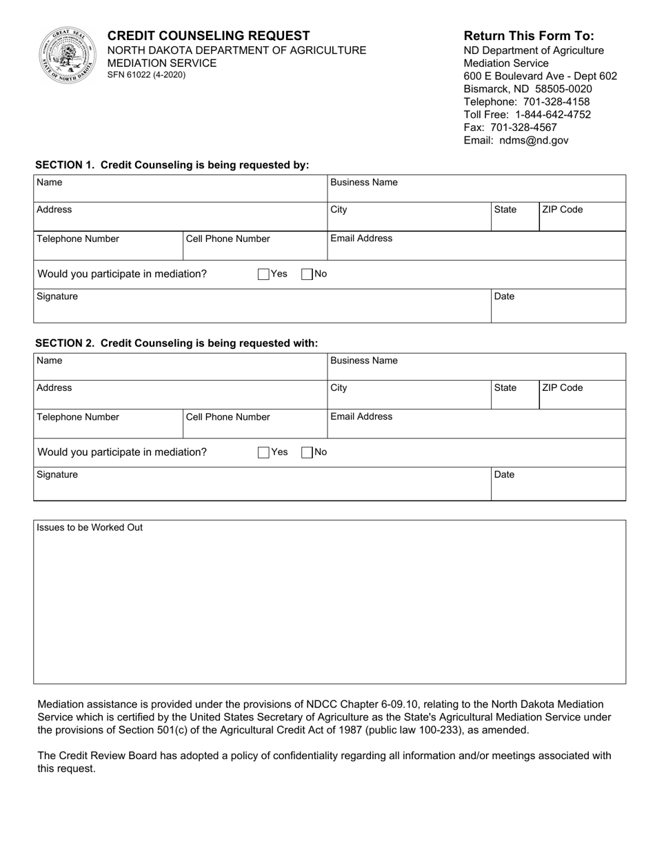 Form SFN61022 Credit Counseling Request - North Dakota, Page 1
