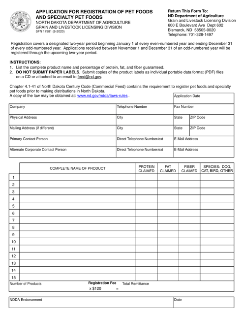 Form SFN17981 Application for Registration of Pet Foods and Specialty Pet Foods - North Dakota