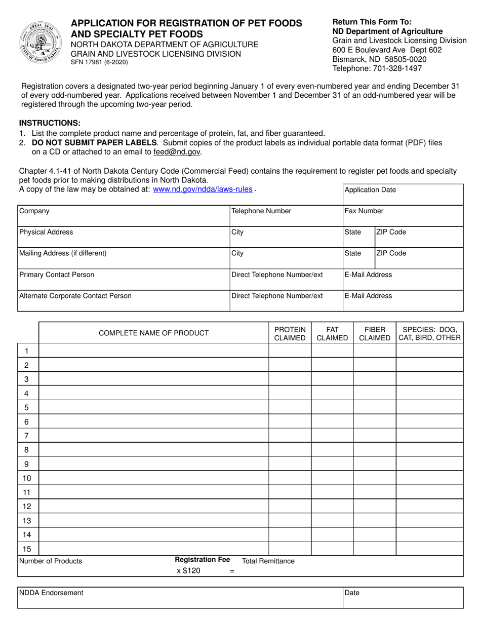 Form SFN17981 Application for Registration of Pet Foods and Specialty Pet Foods - North Dakota, Page 1