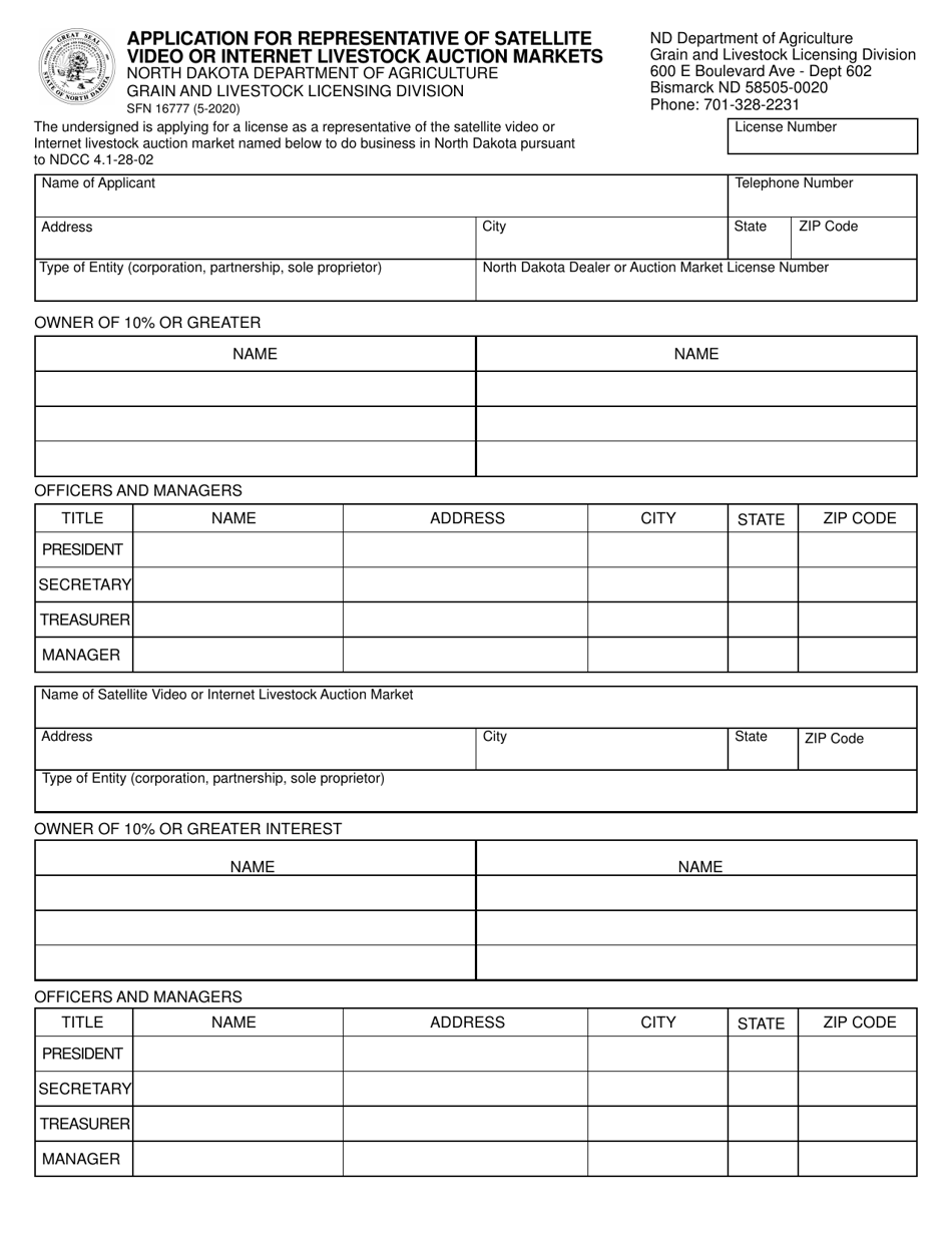 Form SFN16777 Application for Representative of Satellite Video or Internet Livestock Auction Markets - North Dakota, Page 1