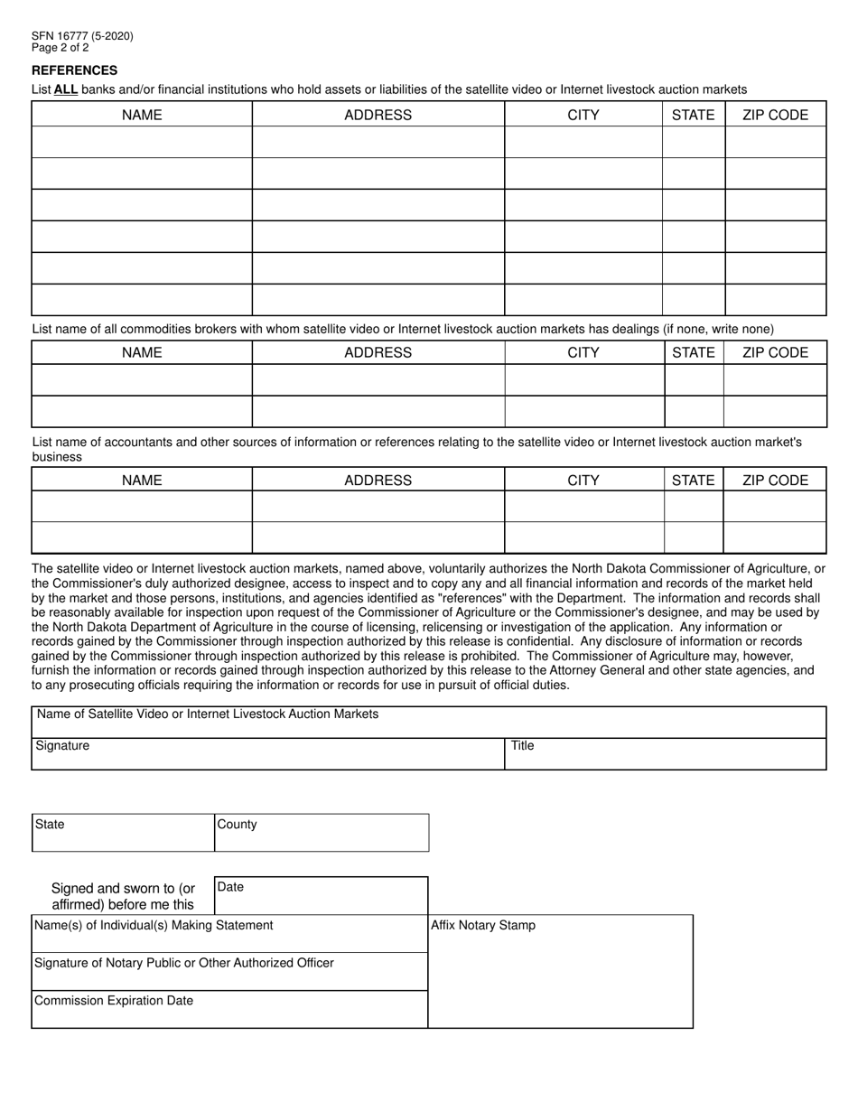 Form SFN16777 Application for Representative of Satellite Video or Internet Livestock Auction Markets - North Dakota, Page 2