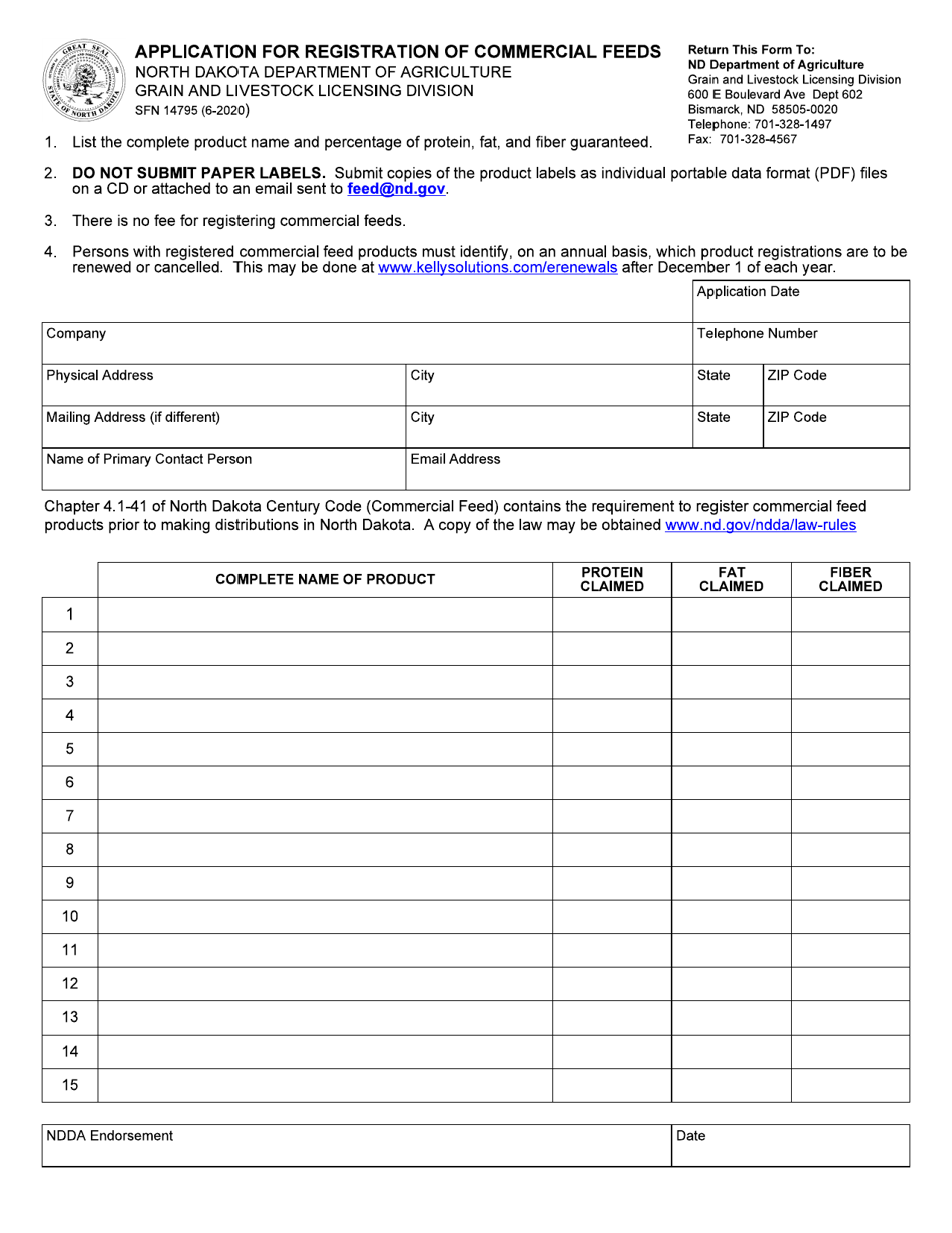 Form SFN14795 Application for Registration of Commercial Feeds - North Dakota, Page 1