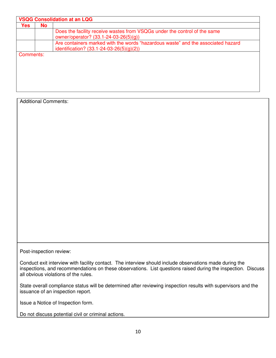 North Dakota Large Quantity Generator and Tsdf Inspection Checklist