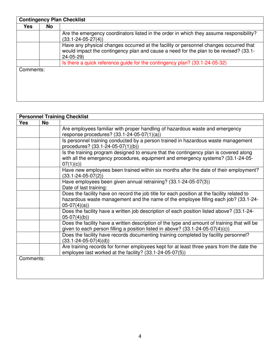 North Dakota Large Quantity Generator and Tsdf Inspection Checklist