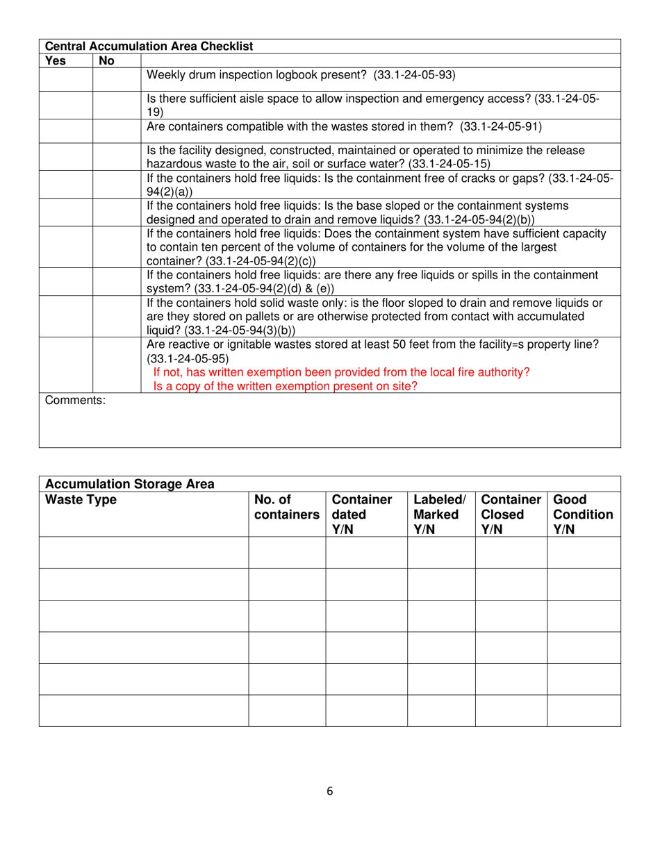 North Dakota Large Quantity Generator and Tsdf Inspection Checklist