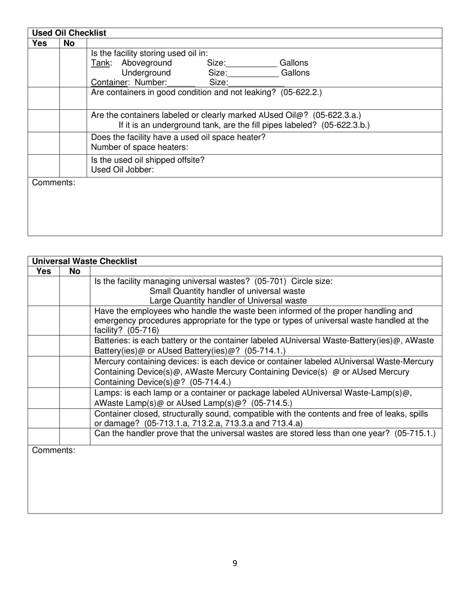 North Dakota Large Quantity Generator and Tsdf Inspection Checklist