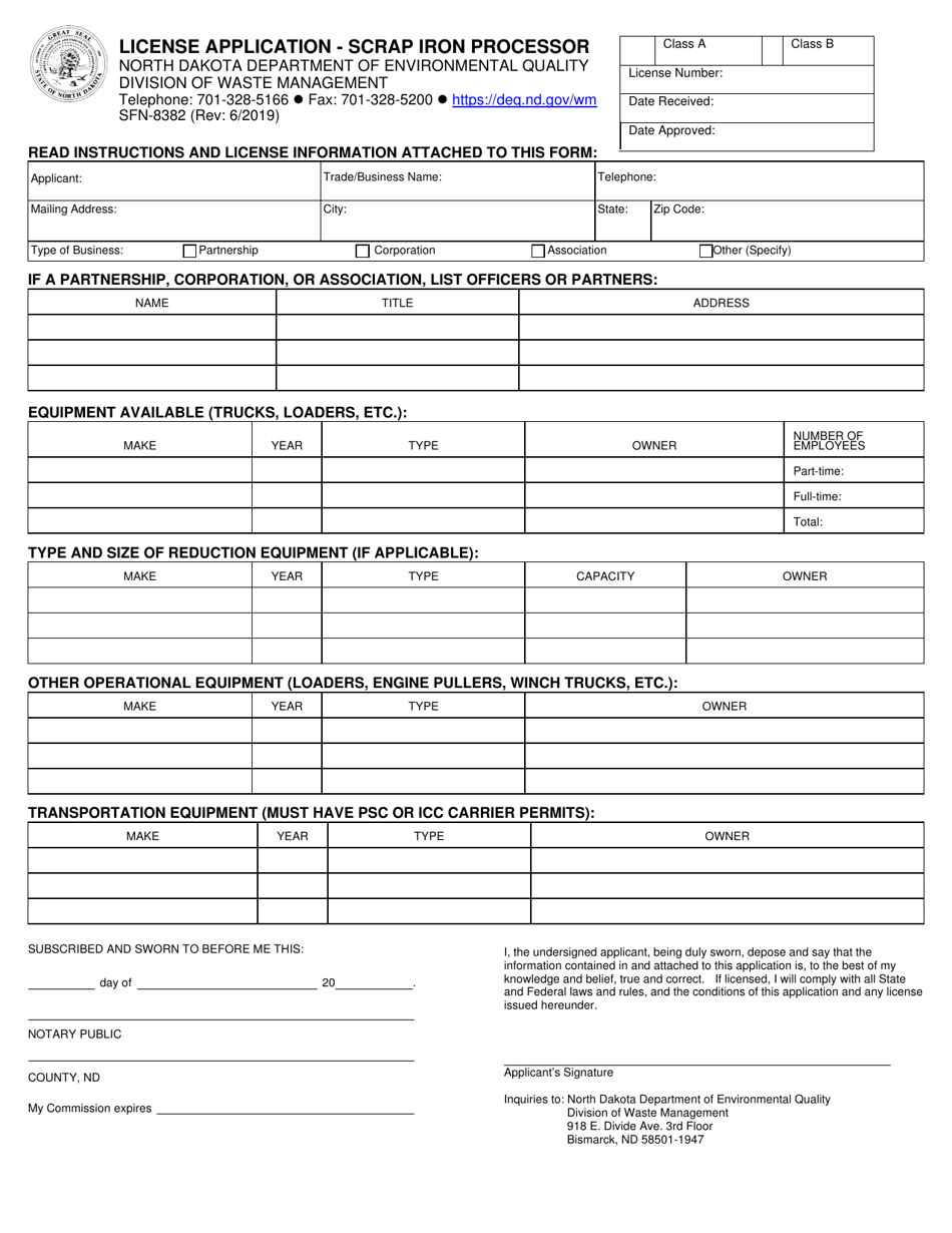 Form SFN-8382 License Application - Scrap Iron Processor - North Dakota, Page 1