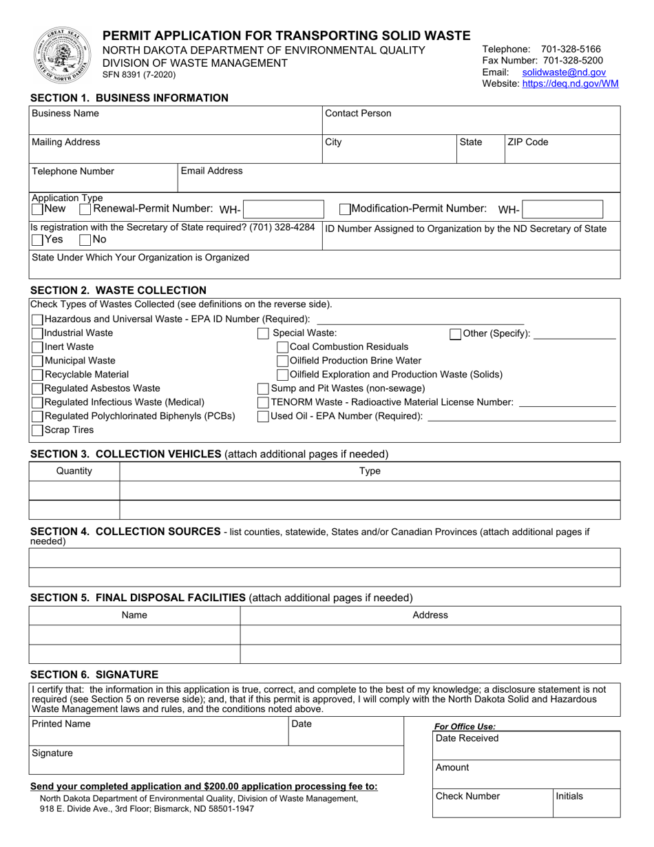 Form SFN8391 Permit Application for Transporting Solid Waste - North Dakota, Page 1