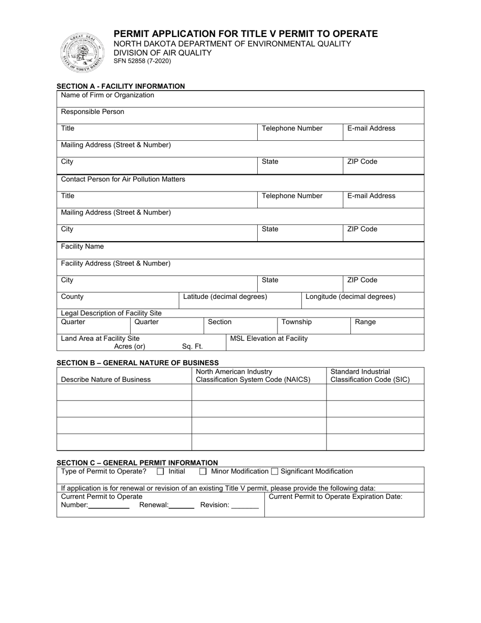 Form SFN52858 Permit Application for Title V Permit to Operate - North Dakota, Page 1