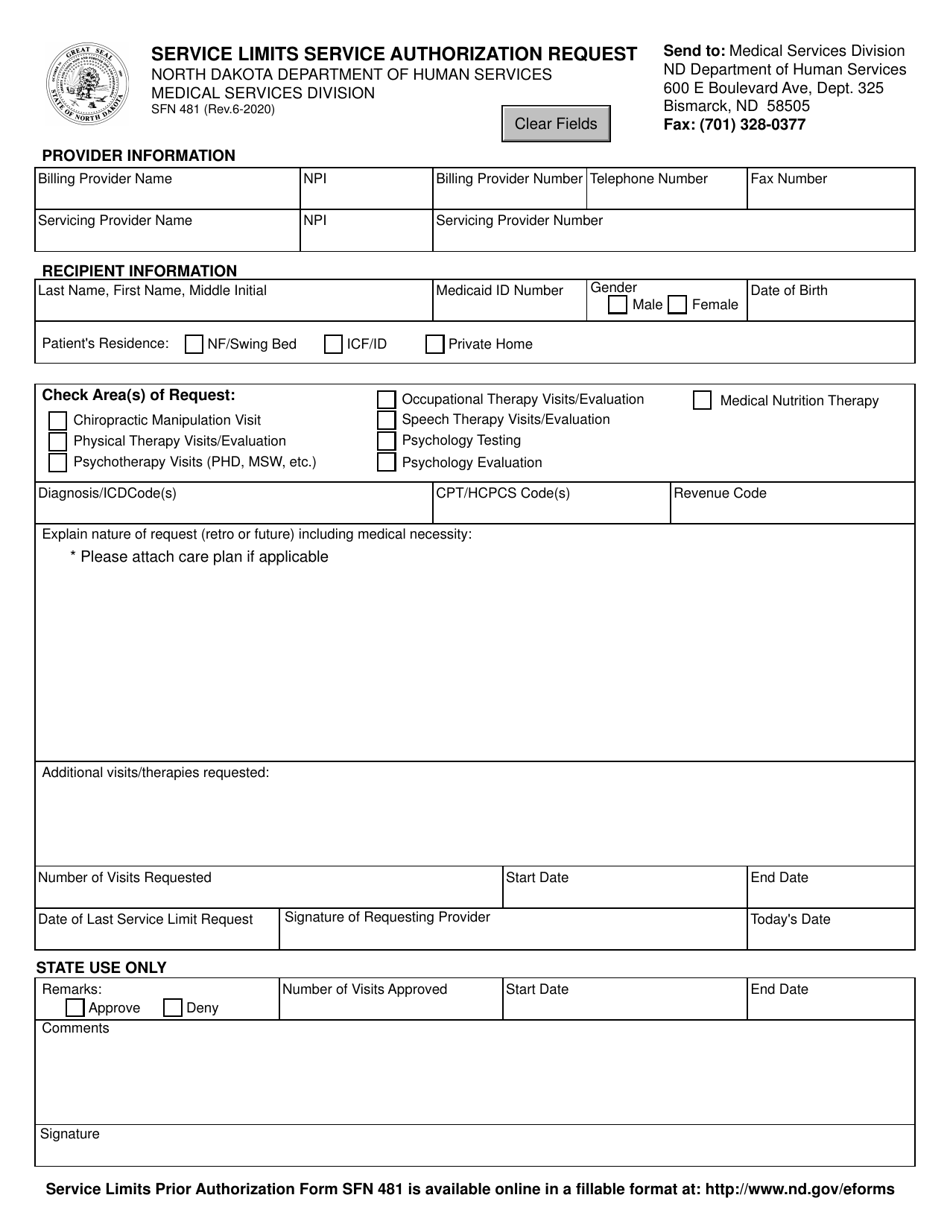 Form SFN481 Service Limits Service Authorization Request - North Dakota, Page 1