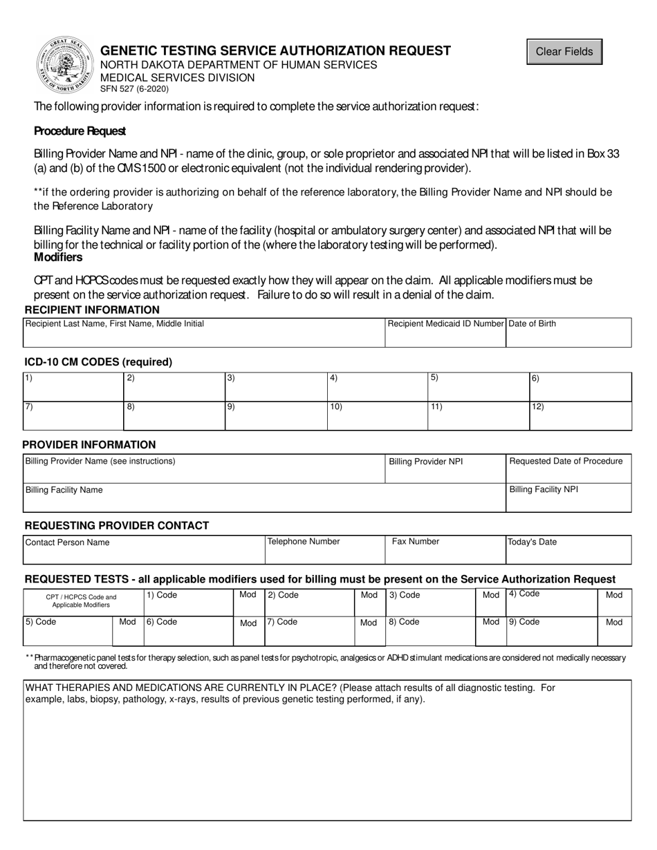 Form SFN527 Genetic Testing Service Authorization Request - North Dakota, Page 1