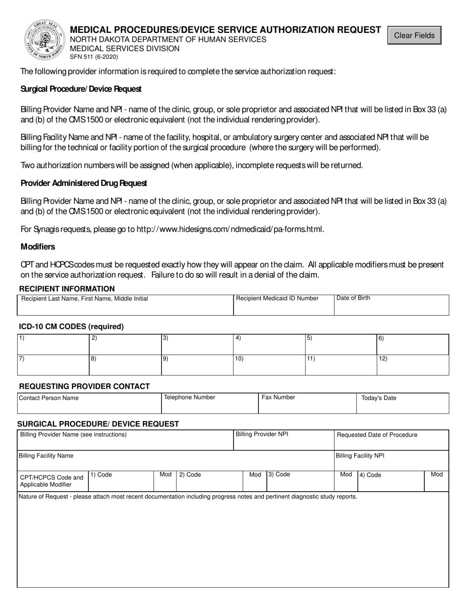 Form SFN511 Medical Procedures / Device Service Authorization Request - North Dakota, Page 1