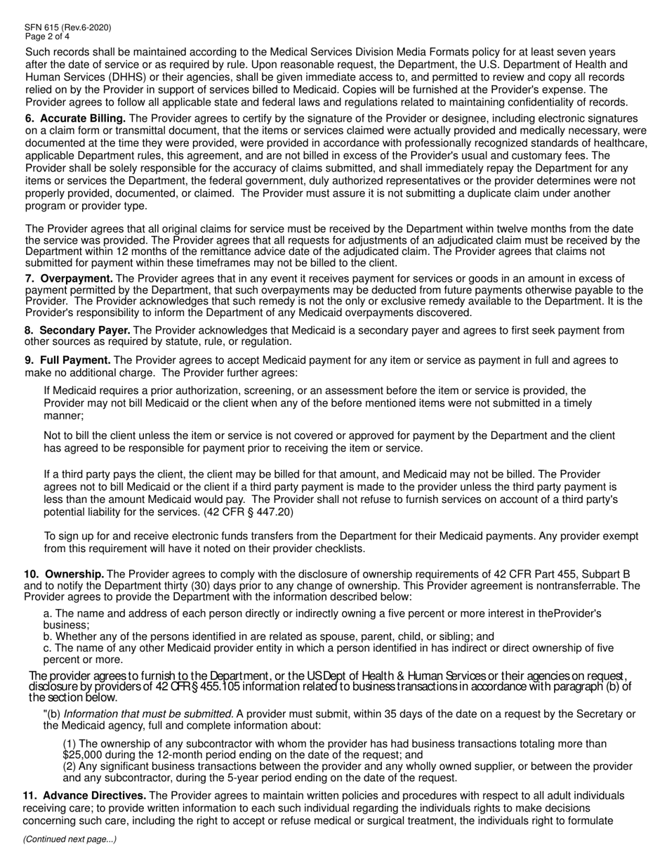 Form SFN615 Medicaid Program Provider Agreement - North Dakota, Page 2