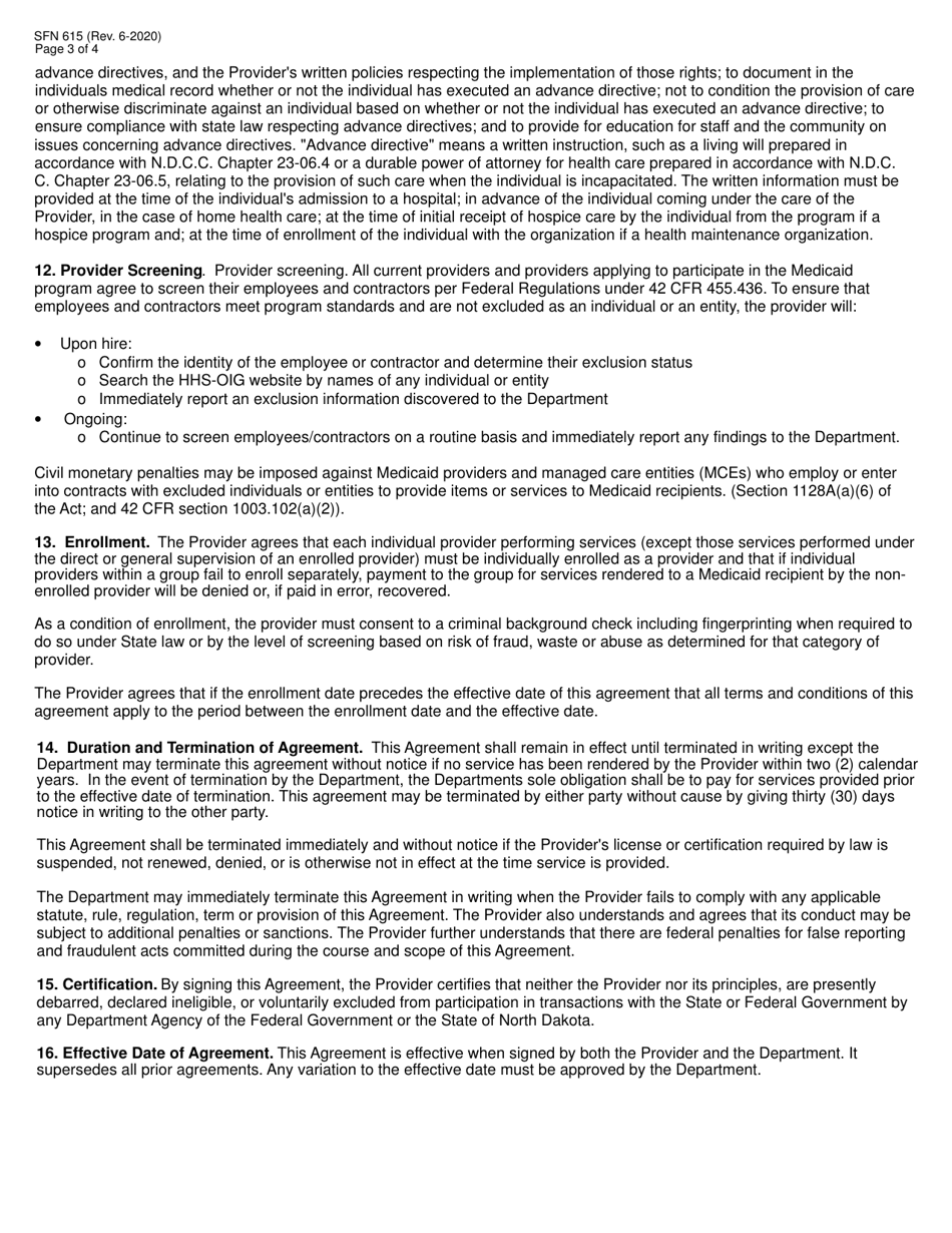 Form SFN615 Medicaid Program Provider Agreement - North Dakota, Page 3