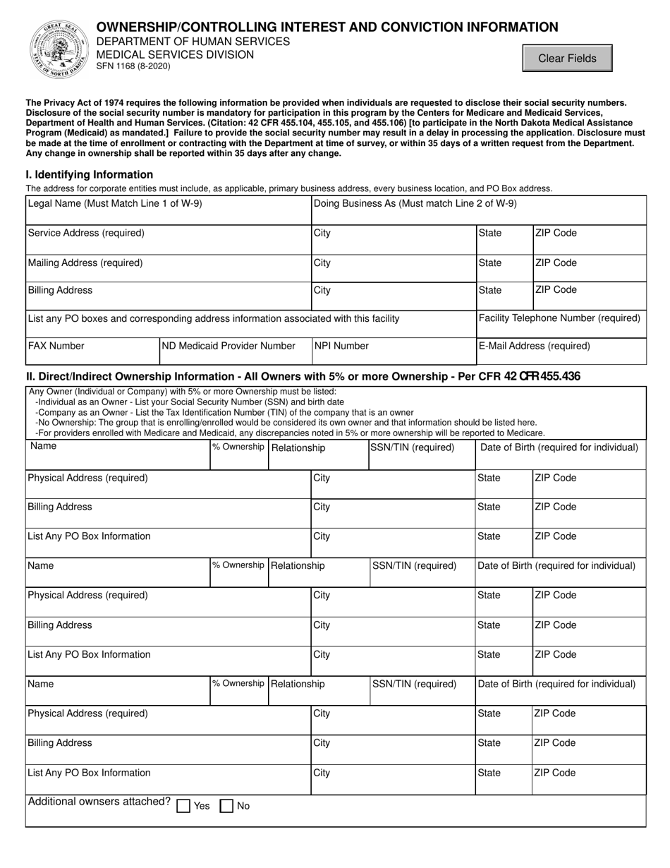 Form SFN1168 Ownership/Controlling Interest and Conviction Information - North Dakota, Page 1