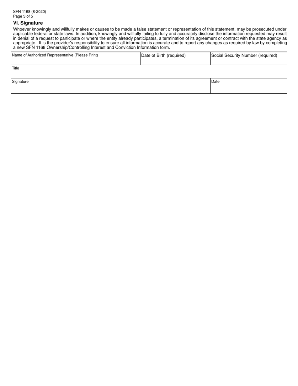 Form SFN1168 Ownership / Controlling Interest and Conviction Information - North Dakota, Page 3